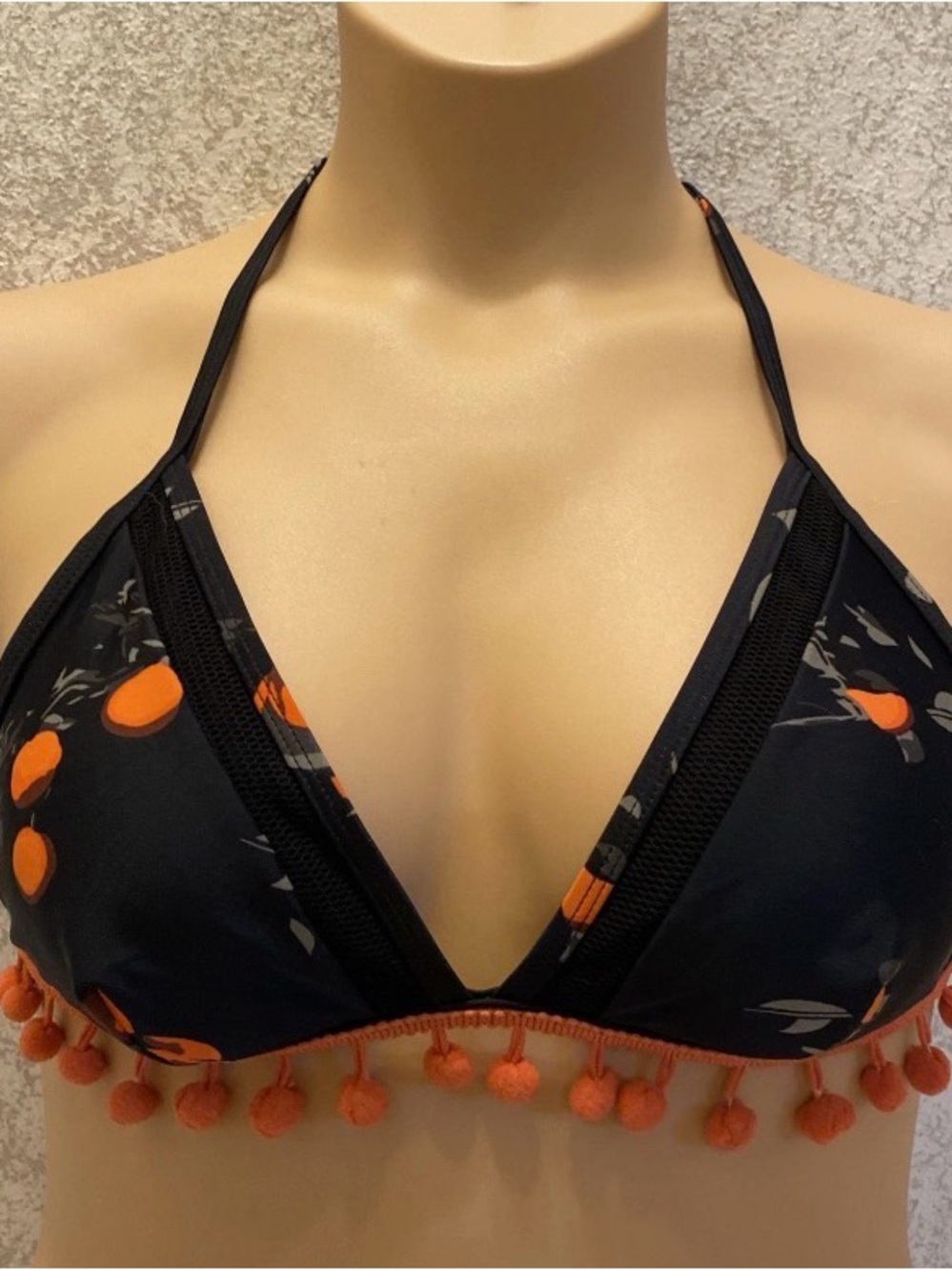 COCOSHIP Black Bikini Top with Orange Cherries  And Pom Pom Accents